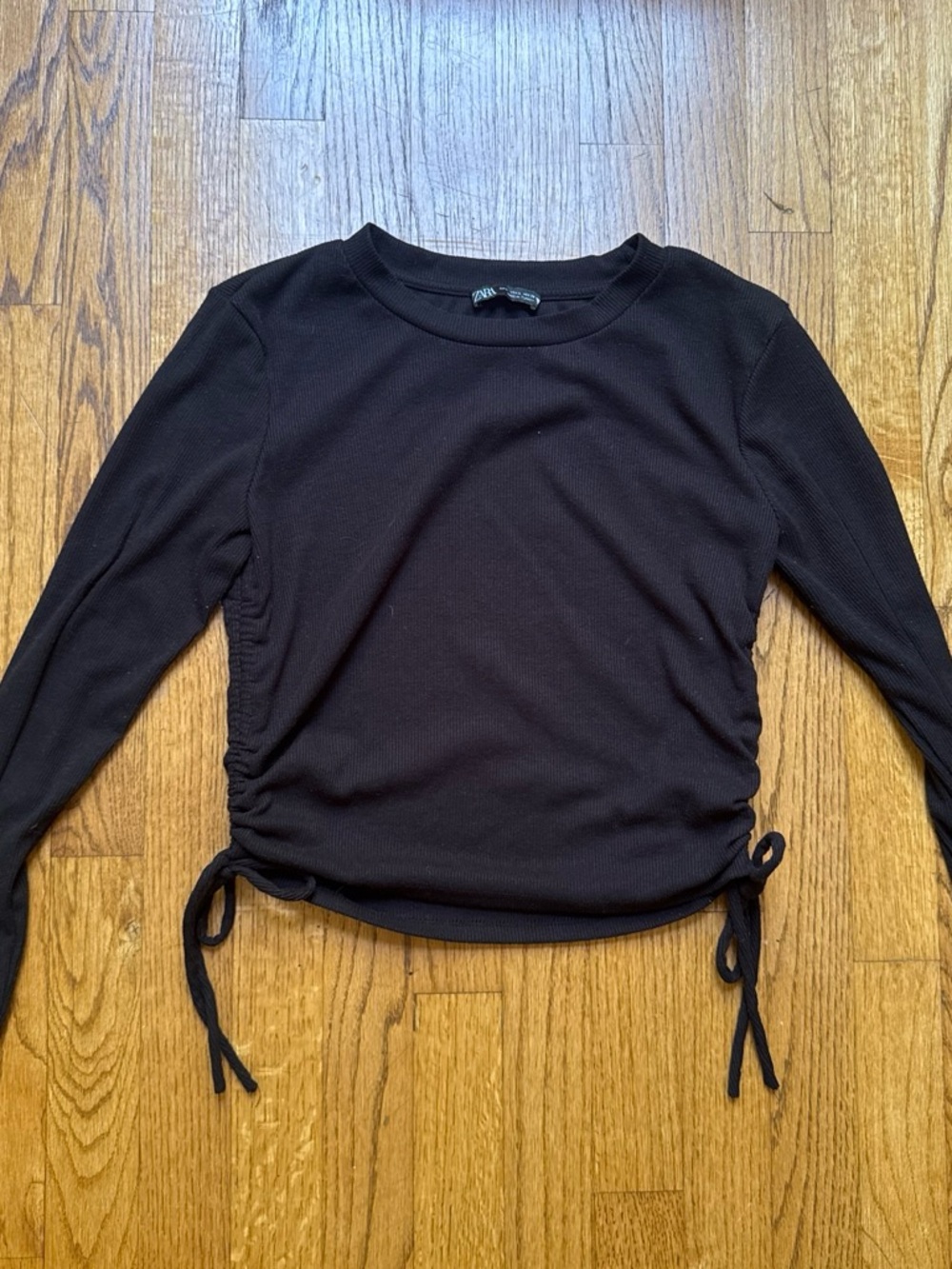 Zara Black Long-Sleeve Side-Ruched Tie Top